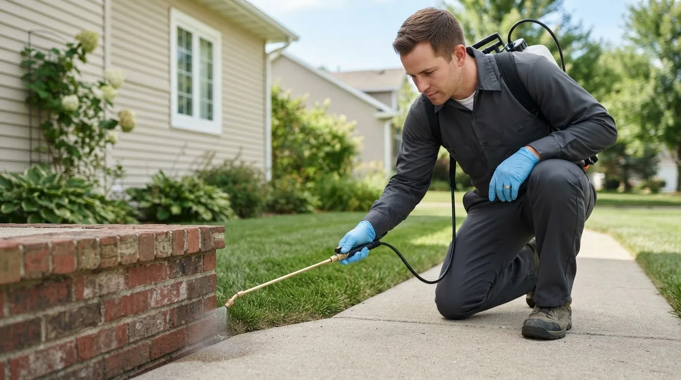 Pest control technician treating a home near Carencro, LA